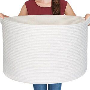 White Cotton Rope Storage Basket, 22" X 22" X 14" Extra Large Blanket Storage